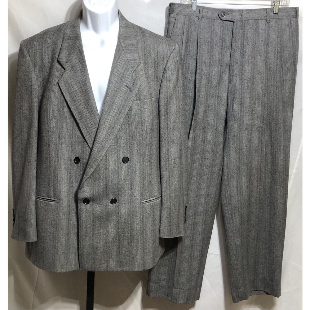 Vintage 70's 80's Pierre Cardin 2pc Suit 44R Gray Stripe 100% Wool Double Breast